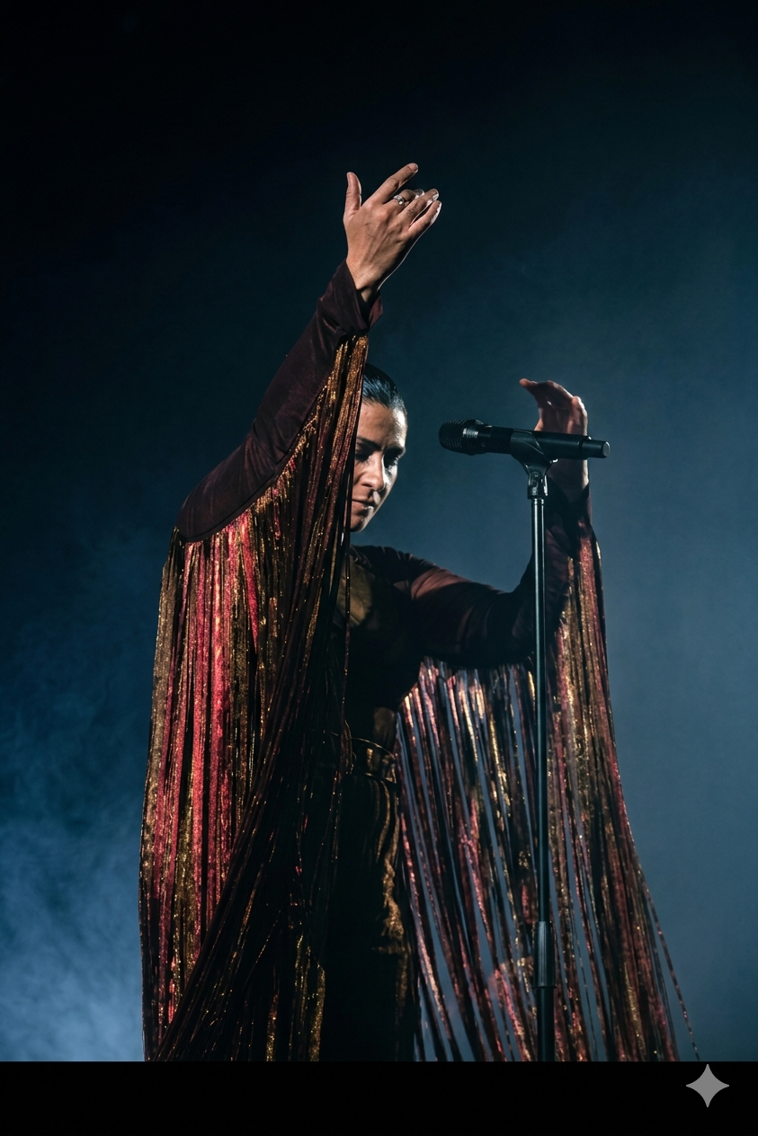 Performer in gold fringe outfit celebrating